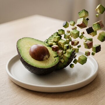 Minimalist food photograph, [1080x1080] &ndash; a single [FOOD] rests on a light, matte surface and is captured mid-transformation into a 3D pixelized form: one half remains intact while the other organical