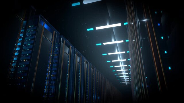 Wide upward tilting camera motion scanning a massive data center featuring a submerged industrial computing environment inside a massive vertical supercomputer infrastructure.
