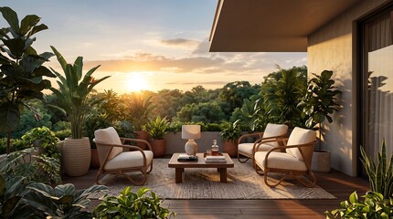Fototapeta premium Modern Balcony with Cozy Chairs and Tropical Plants at Sunset