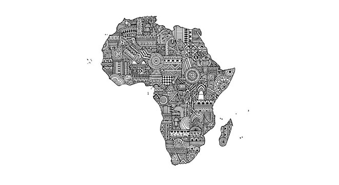 Detailed map of the african continent entirely composed of intricate traditional ethnic and geometric tribal patterns in black and white.