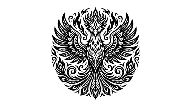 Mythical Phoenix Bird Emblem, Ornamental Design, Black and White