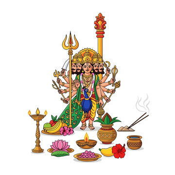 Skanda Sashti Festival Illustration with Hindu Deity and Ritual Items