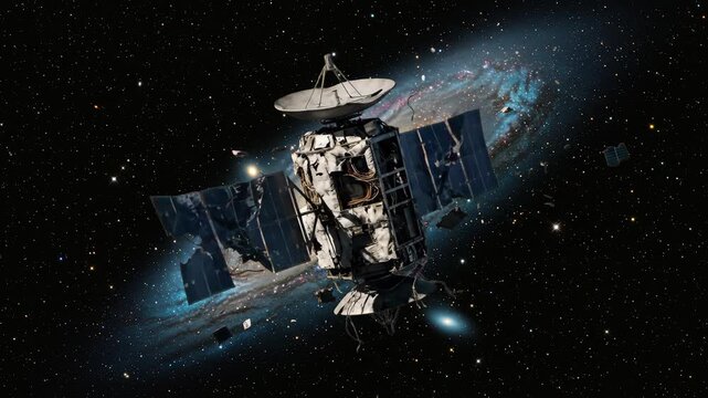 A damaged 3D communications satellite with broken solar panels and destroyed hull debris drifting in deep outer space against a dark starry background. Ideal for space disaster films, satellite collis