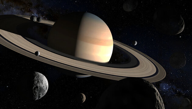 Stunning View of Saturn and its Moons in Deep Space.