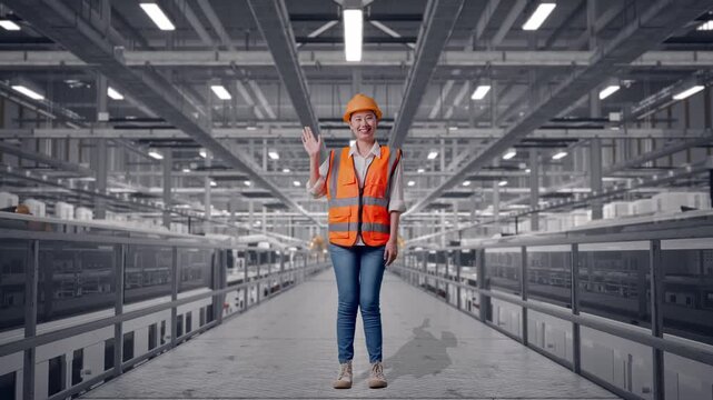 Full Body Of Asian Female Engineer With Safety Helmet Smiling To Camera And Waving Hand Saying Bye While Standing at Solar Panel Factory with Automated Robotic Assembly Line