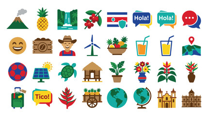 Vibrant icons representing Costa Rica culture travel and natural elements. © KALPANA AKTER