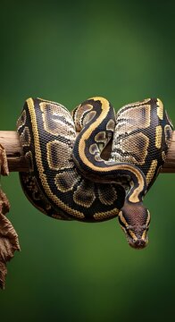 Detailed view of a patterned ball python coiled on a branch