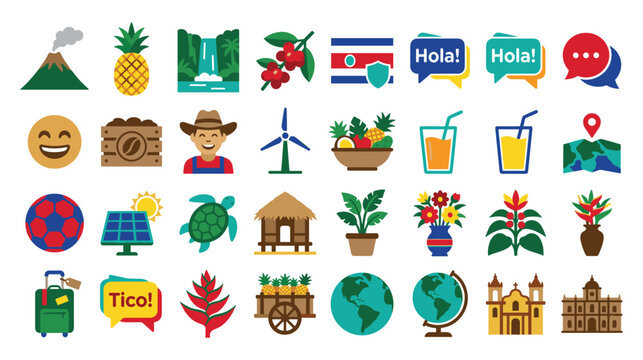 Vibrant icons representing Costa Rica culture travel and natural elements.