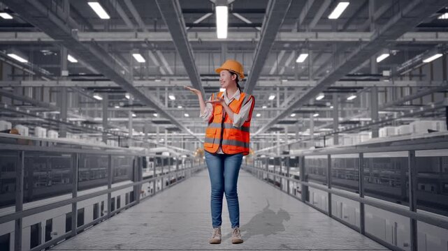 Full Body Of Asian Female Engineer With Safety Helmet Smiling And Pointing To Side While Standing at Solar Panel Factory with Automated Robotic Assembly Line