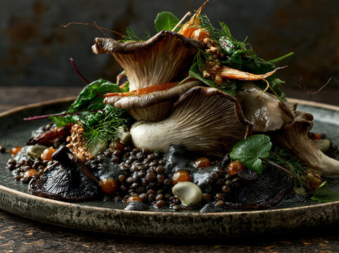 Gourmet dish with roasted mushrooms, lentils and fresh vegetables presented in natural light with realistic food styling.
