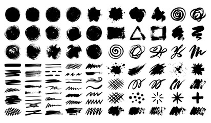 Obraz premium Hand drawn black ink brush strokes and paint splatters, collection of 70 grunge texture elements, artistic charcoal scribbles and calligraphy marks