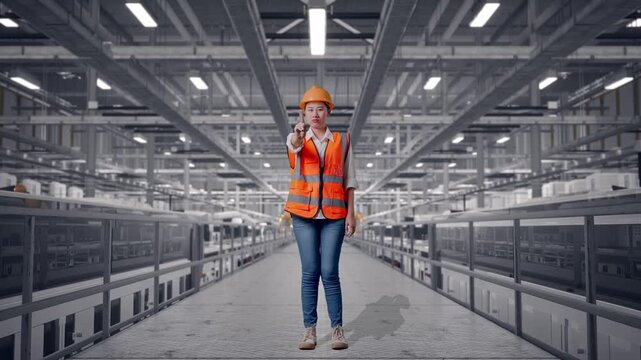 Full Body Of Asian Female Engineer With Safety Helmet Disapproving With No Index Finger Sign While Standing at Solar Panel Factory with Automated Robotic Assembly Line