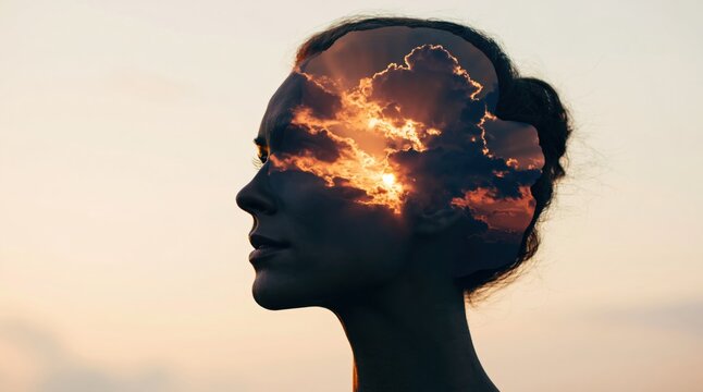 Woman silhouette profile head with burning fire and clouds for mental health