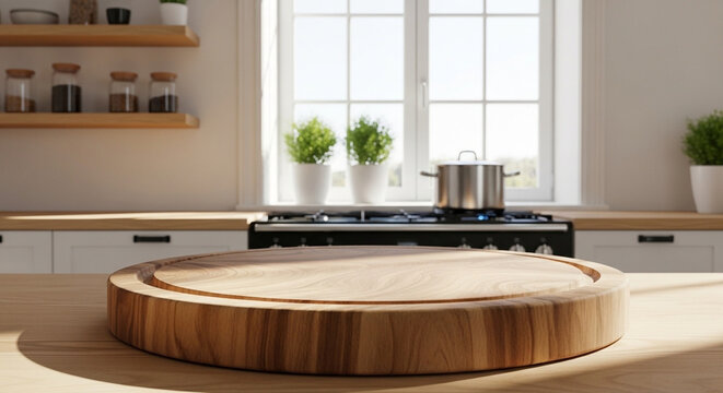 Wooden lazy susan on kitchen countertop near stove and window