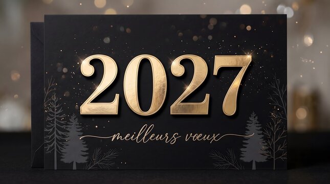 Elegant 2027 new year greeting card with gold foil numbers and pine tree silhouette