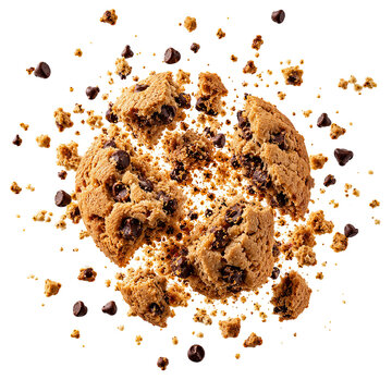 A delicious chocolate chip cookie crumbles on a white surface with chocolate chips scattered around.