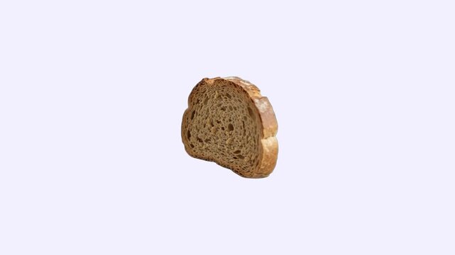 A textured slice of fresh whole wheat bread floating at a dynamic angle against a flat, pale purple or lavender studio backdrop. This clean 3D culinary element offers exceptional clarity, making it ex