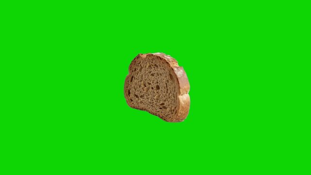 A single photorealistic slice of textured whole wheat or rye bread floating in mid-air from a side angle. Set against a solid chroma key green screen background, this high-quality bakery asset integra