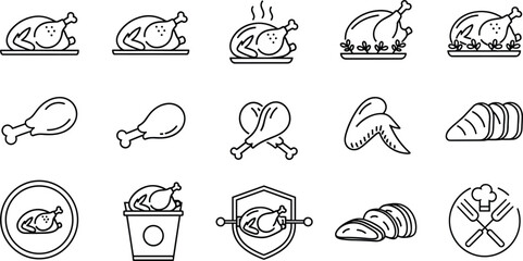 Roasted chicken vector icon set with outline whole turkey drumstick wing and breast meat slices © MdAungur