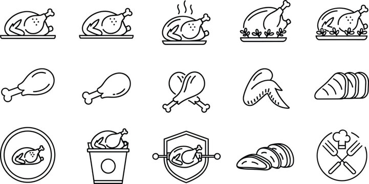 Roasted chicken vector icon set with outline whole turkey drumstick wing and breast meat slices
