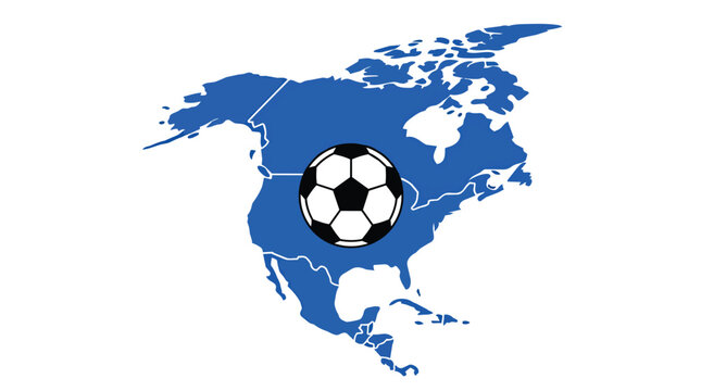 North american continental map featuring soccer ball symbol in clean flat vector style for international sports journalism