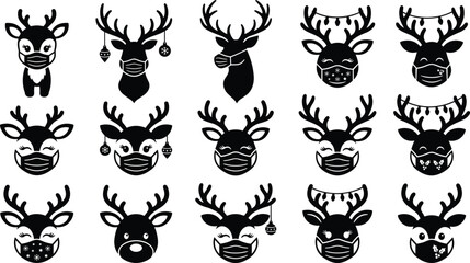 Christmas reindeer face vector icon set with black silhouette stag wearing medical protective mask © MdAungur