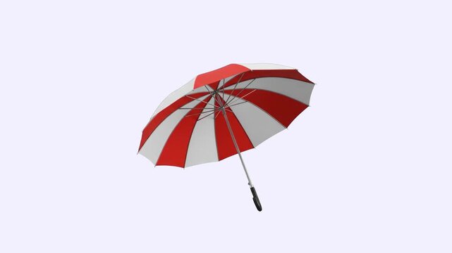 A classic open rainy day umbrella featuring alternating red and white panels, floating at an angle with the handle facing down. Positioned against a flat, pale lavender or off-white backdrop, this cle