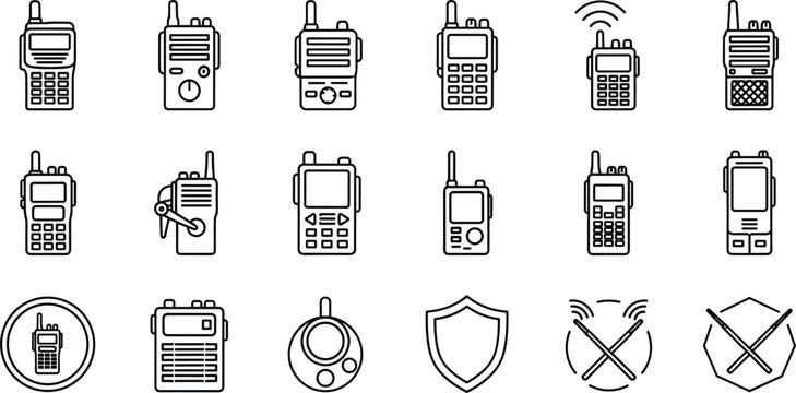 Walkie talkie vector icon set with outline radio transceiver communication and security shield symbols