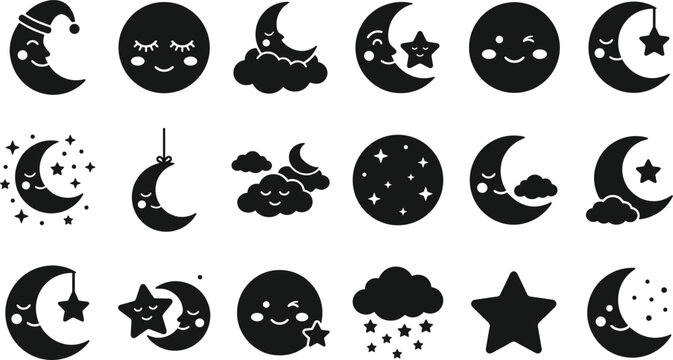 Cute crescent moon vector icon set with black silhouette sleeping cloud and night star characters
