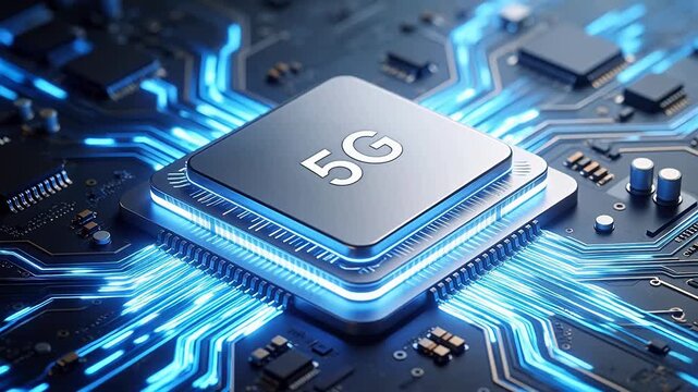 5G chip on circuit board with glowing lines