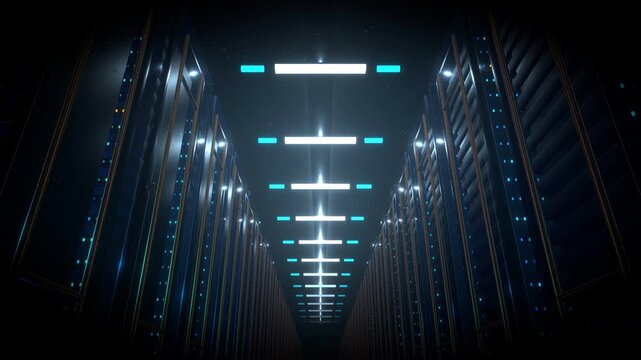 Wide gentle lateral tracking movement following a massive data center featuring a submerged industrial computing environment inside a long dark computational aisle.