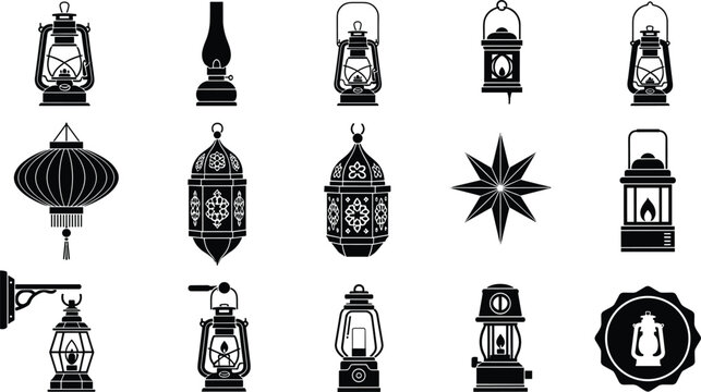 Vintage lantern and hurricane lamp vector icon set with black silhouette antique lighting shapes