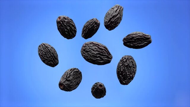 A cluster of dark, wrinkled dried prunes or plums scattered dynamically against a solid light blue studio backdrop. This high-definition food asset is ideal for healthy snack branding, baking tutorial