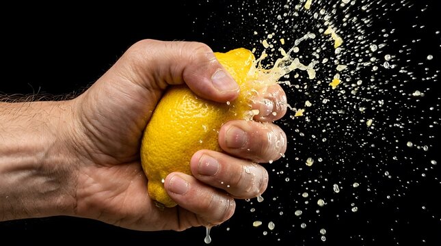 Human hand squeezing fresh lemon fruit producing citrus juice drops isolated against dark black background.
