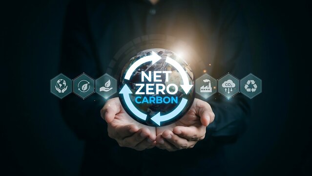 Person holding NET ZERO CARBON globe with arrows in hands