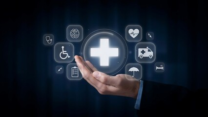 Fototapeta premium A person presents medical icons from their hand in a dark room with technology