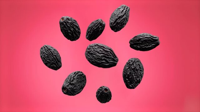 A collection of dark dried raisins or prunes floating in mid-air against a bright pink studio backdrop. Designed for snack food advertisements, dried fruit packaging visuals, nutrition explainers, and