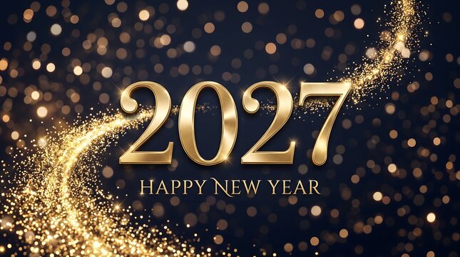Golden 2027 new year celebration graphic with sparkling lights and festive bokeh background