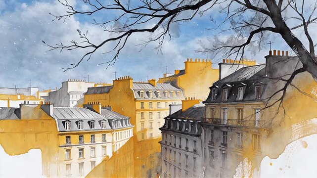 Watercolor cityscape with yellow buildings