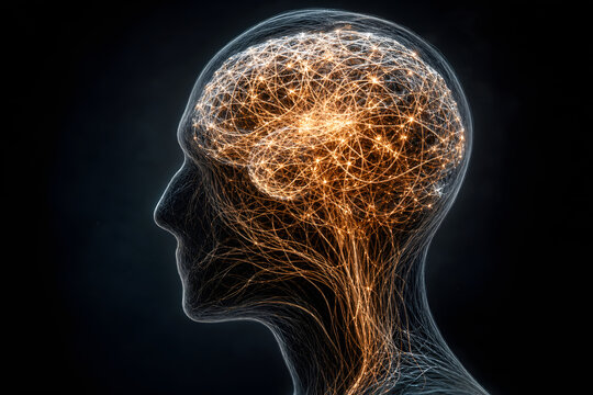 Faceless head with tangled glowing overactive brain