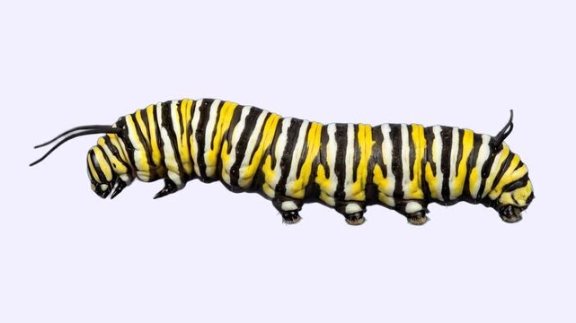 A macro view of a yellow, black, and white striped caterpillar crawling across a clean, solid white studio background. This high-contrast insect asset provides exceptional detail for scientific presen
