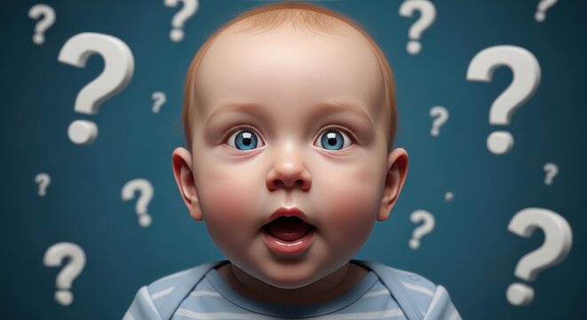 A surprised baby looks up with mouth open surrounded by question marks