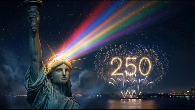 Statue of Liberty with rainbow light beam and 250 anniversary fireworks over New York harbor at night during semiquincentennial celebration