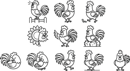 Cute cartoon rooster coloring book vector set with funny farm bird livestock animal characters © Md shain