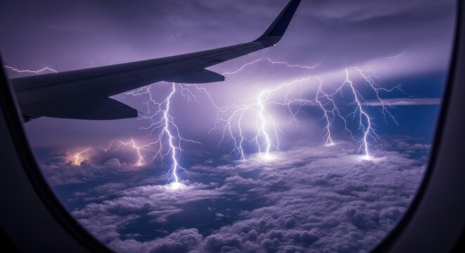 Airplane Wing Above Intense Lightning Storm at Night