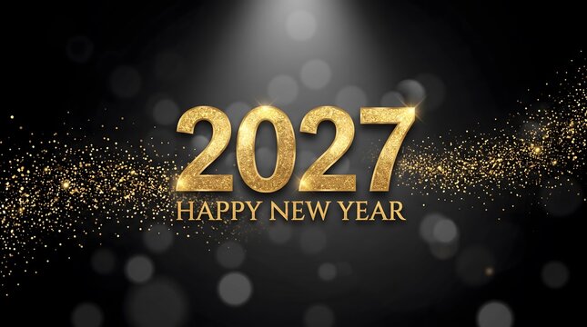 Golden 2027 happy new year celebration background with glittering confetti and bokeh lights