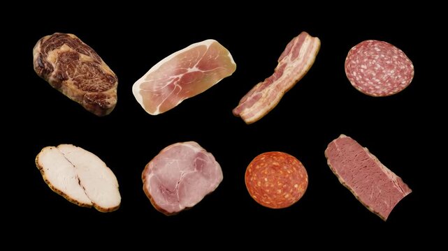 Slices of bacon, pepperoni, prosciutto, and ham drifting down against a pure black background. This high-contrast 3D food model is ideal for pizza topping ads or gourmet restaurant menus.