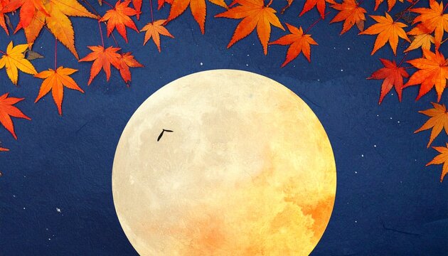 Full moon rising over autumn maple leaves with a bird flying across the sky
