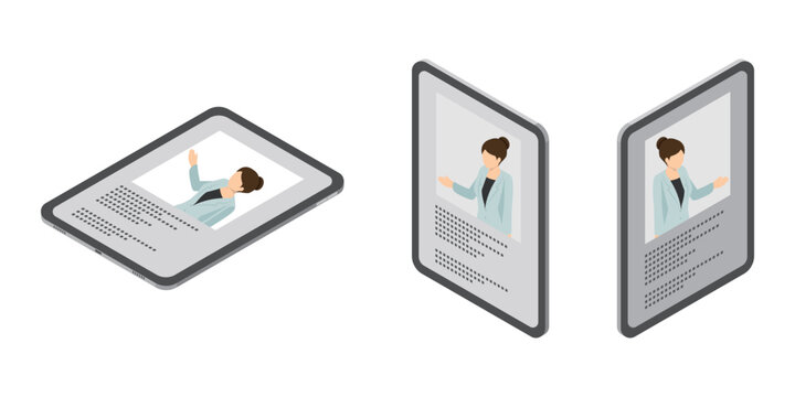 様々な角度から見た案内をするスーツ姿の女性が表示されたタブレットセット