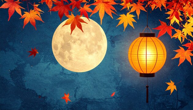 Autumn full moon and a glowing paper lantern framed by falling maple leaves